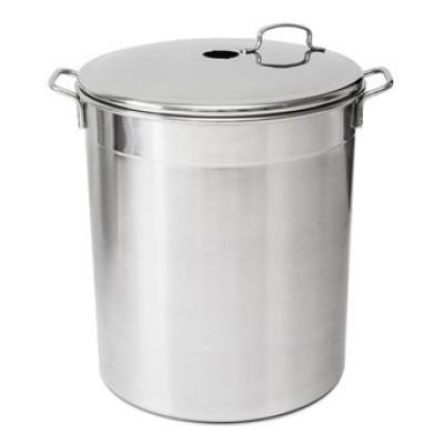 a large stainless steel pot with a lid on a white background