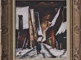 an image of a painting of a person walking down a snowy street