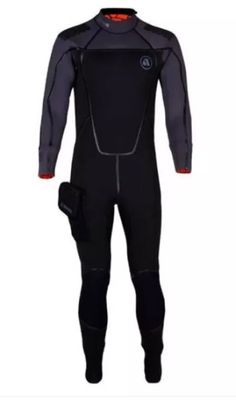the wetsuit is black and red with a zipper on the chest