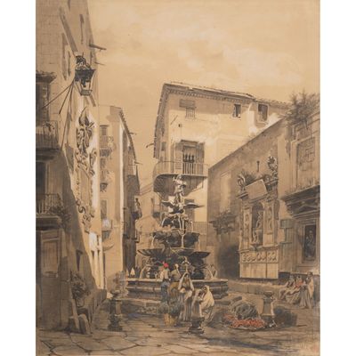 tableau représentant une scène de rue avec une fontaine au milieu de la rue