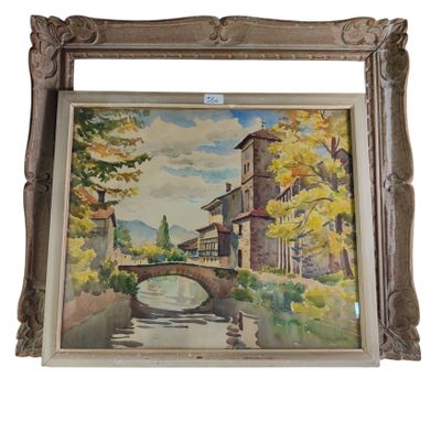 peinture d'un pont sur une rivière avec un bâtiment en arrière-plan