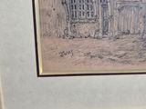 drawing of a street scene with buildings and a horse drawn carriage