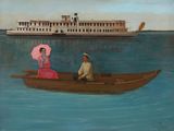 un tableau représentant un homme et une femme dans un bateau sur l'eau