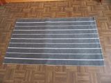 un tapis rayé noir et blanc posé sur un parquet