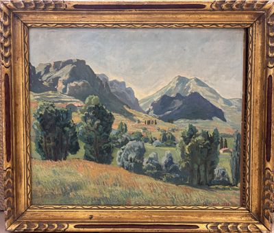a painting of a landscape with mountains in the background