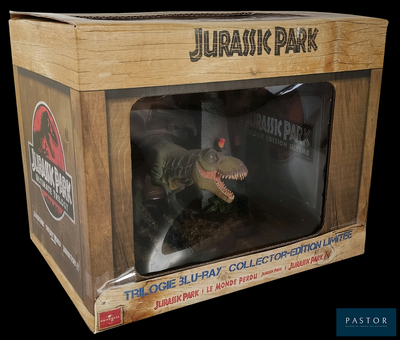a toy of a dinosaur in a box on a black background