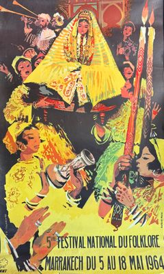 une ancienne affiche de cinéma pour le Festival national du folklore de Marrakech, du 5 au 18 avril 1950