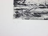 a black and white drawing of a landscape on a white wall