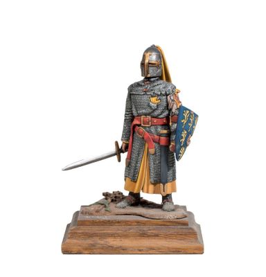 statue of a knight with a sword and shield on a wooden base