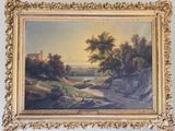 a painting of a landscape with a river and a castle in the distance