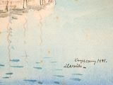 a watercolor painting of a boat in the water