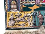 a picture of a tapestry with a picture of a man on a horse