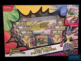 display box of pokemon trading cards and collectibles in a display case
