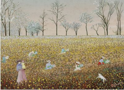 an image of a painting of people in a field with trees in the background
