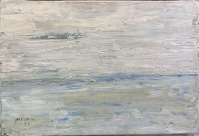 une peinture à l'huile représentant un bateau en mer, réalisée sur un support en bois