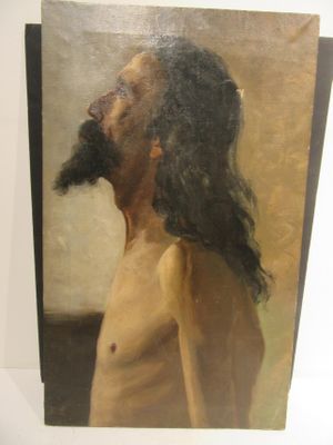 painting of a man with long hair and a beard in a white room