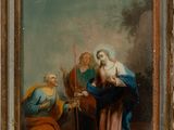 une peinture à l'huile représentant un groupe de personnes dans un cadre boisé