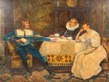 tableau représentant un homme et une femme assis à une table, avec un homme tenant un livre