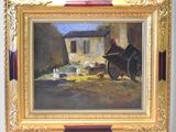 an oil painting of a horse pulling a cart with a man on it