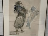 framed drawing of a woman and a dog in a room