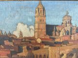 a painting of a city with a clock tower on it