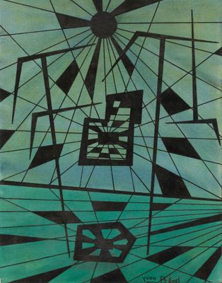une peinture représentant un motif géométrique abstrait sur fond vert