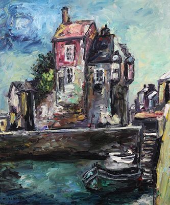 an oil painting of a boat docked in a harbor next to a building