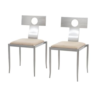 paire de chaises de salle à manger modernes chromées avec des assises rembourrées beiges