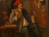 painting of a man in a red hat sitting at a table in a room
