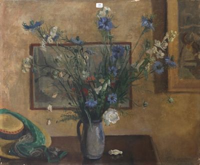 a painting of flowers in a vase on a table