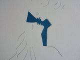 dessin représentant une femme portant un chapeau et une cravate, sur un mur blanc