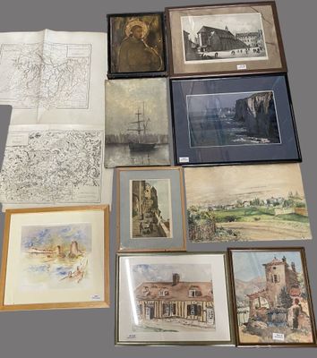 plusieurs tableaux et dessins, encadrés ou non, posés sur une table