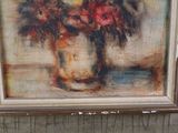 a painting of flowers in a vase on a table