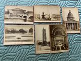 several old black and white photos of a building and a fountain