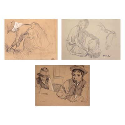 quatre croquis représentant un homme et une femme assis à une table