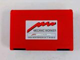 a close up of a red box with a sticker on it