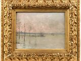 un tableau représentant une scène fluviale avec des arbres dans l'eau