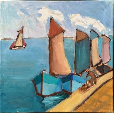 painting of sailboats on the water near a pier with a sky background