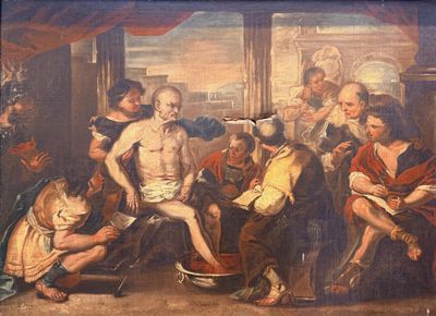 painting of a group of people in a room with a painting of a man on the floor