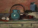 a painting of a blue vase on a wooden table