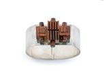 sterling silver ring with wood blocks in a clear glass dome