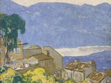 une image représentant un tableau représentant une vue d'une ville avec des montagnes en arrière-plan