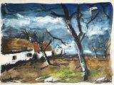 un tableau représentant une maison et un arbre dans un champ