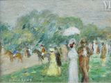 un tableau représentant un groupe de personnes marchant dans un champ