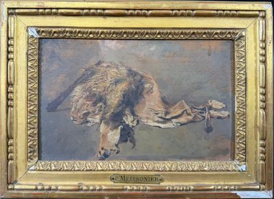 une peinture à l'huile représentant un chien couché par terre, dans un cadre doré