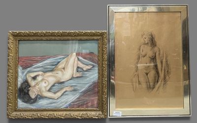 two paintings of a woman laying on a bed next to a picture of a naked woman