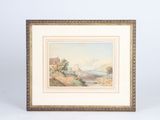 a painting of a mountain scene with a house and a river