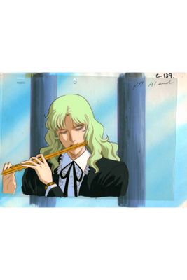 a painting of a woman playing a flute in front of a window