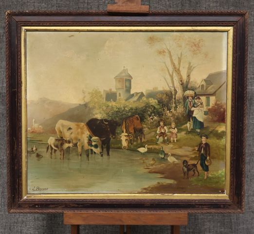 Ecole du XIXème « Scène animée naïf ». Signée J. PERONNET. Restau...