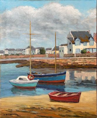 painting of boats on the beach in front of a white house